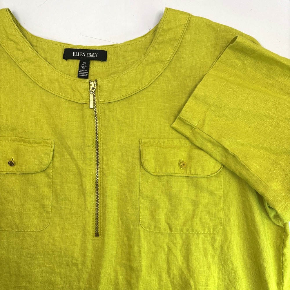 Ellen Tracy Womens‎ Linen Pullover Blouse Shirt Chartreuse Large Tunic